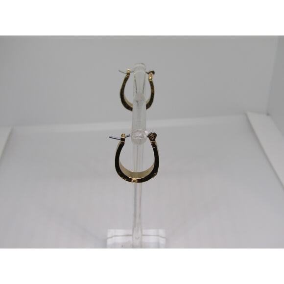 Gold Tone Etched Earrings Dangly Hoop Boho Cottagecore Oval Hinge 3/4" Minimal - Picture 2 of 5